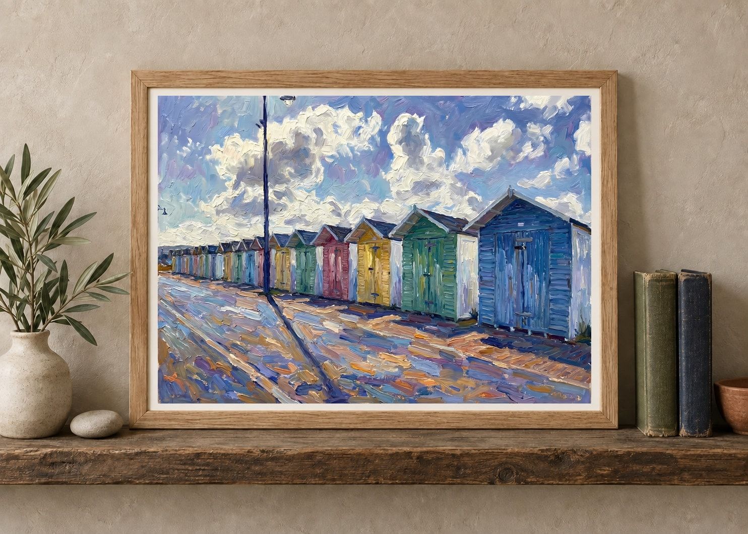 Colourful beach huts arranged along Eastbourne seafront