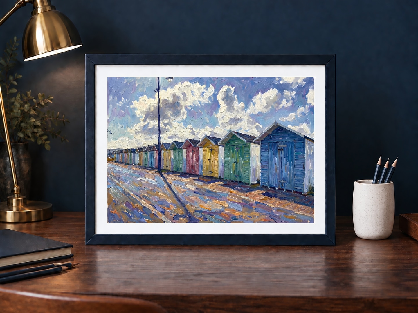 Beach Huts, Eastbourne, Medium, 21 × 29.7 cm · 8.27 × 11.69 in, Ink Studio setting