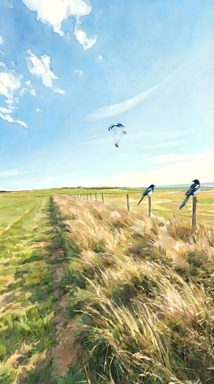 A paraglider flying above the South Downs landscape