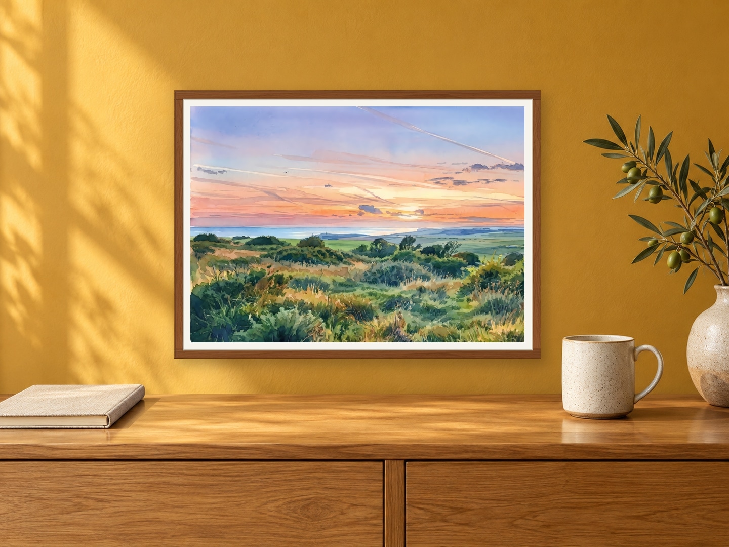 South Downs I, Large, 29.7 × 42 cm · 11.69 × 16.54 in, Muted Yellow Hall setting