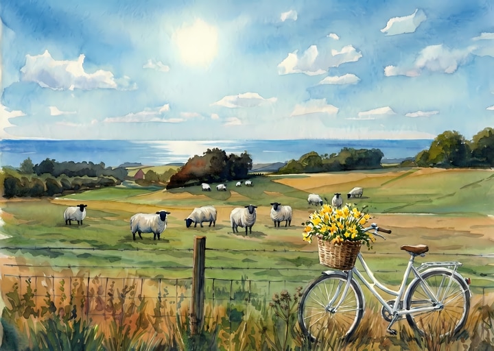 Jeeps and a bike on a South Downs track beneath open hills