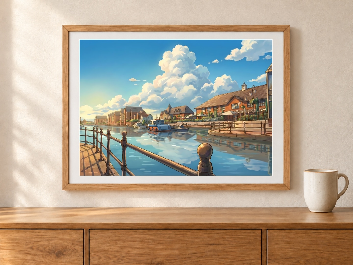 Sovereign Harbour Waterfront, Large, 29.7 × 42 cm · 11.69 × 16.54 in, Oak Console setting